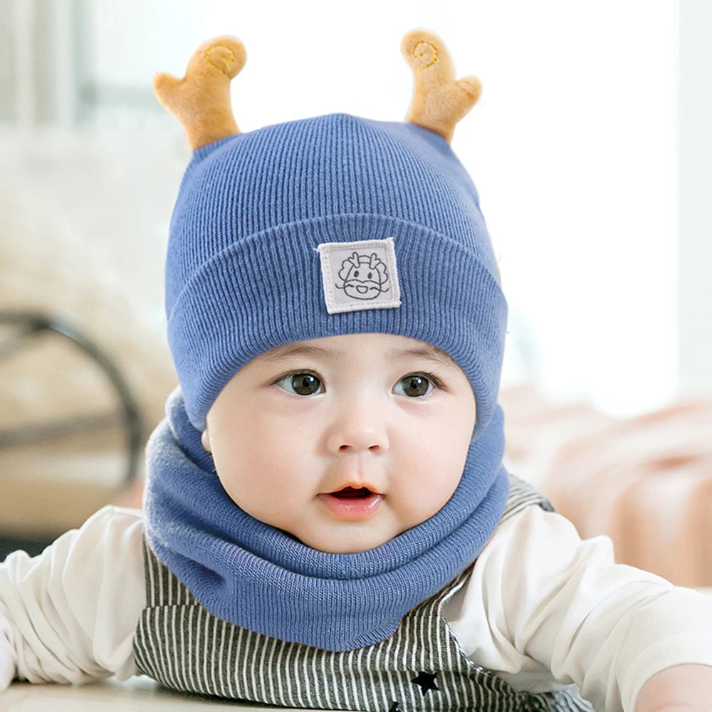 Baby Hat Scarf Set Children's Neck Scarf Knitted Woolen Hats 3D Cartoon Animal Horn Cotton Beanies Caps For Kids 3-18 Month