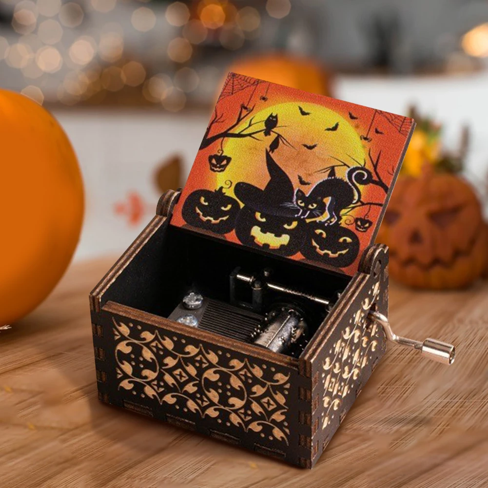 Halloween Eve Wooden Antique Engraved Musical Box Fright Night Musical Box Engraving Nightmare for Halloween Party