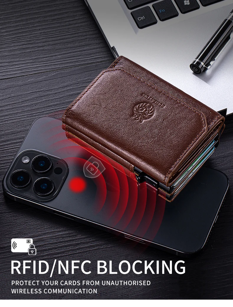 Metall-Kartenhalter Pop-Up-Geldbörse für Herren Echtes Leder Dreifach Gefaltete Geldbörse Smart Minimalistisch RFID-Blockierung Vordertasche – Detail 3