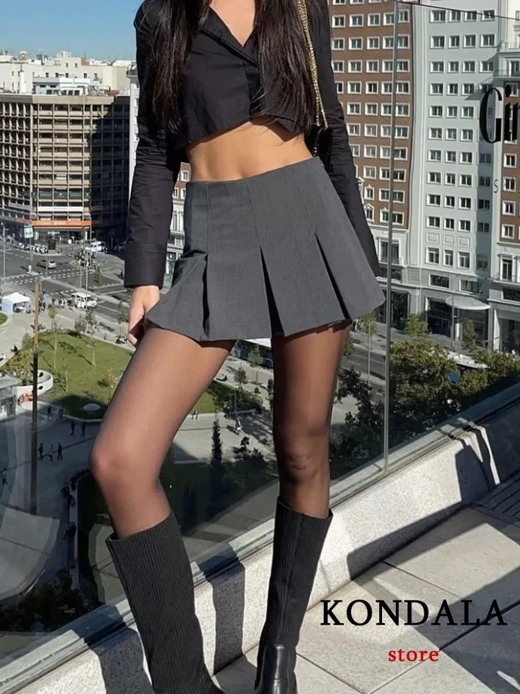 TRAFZA 여성용 빈티지 다크 그레이 미니 스커트, 프릴 플리츠 섹시 반바지 스커트, 여성 패션 2025 스트리트웨어, Mu..