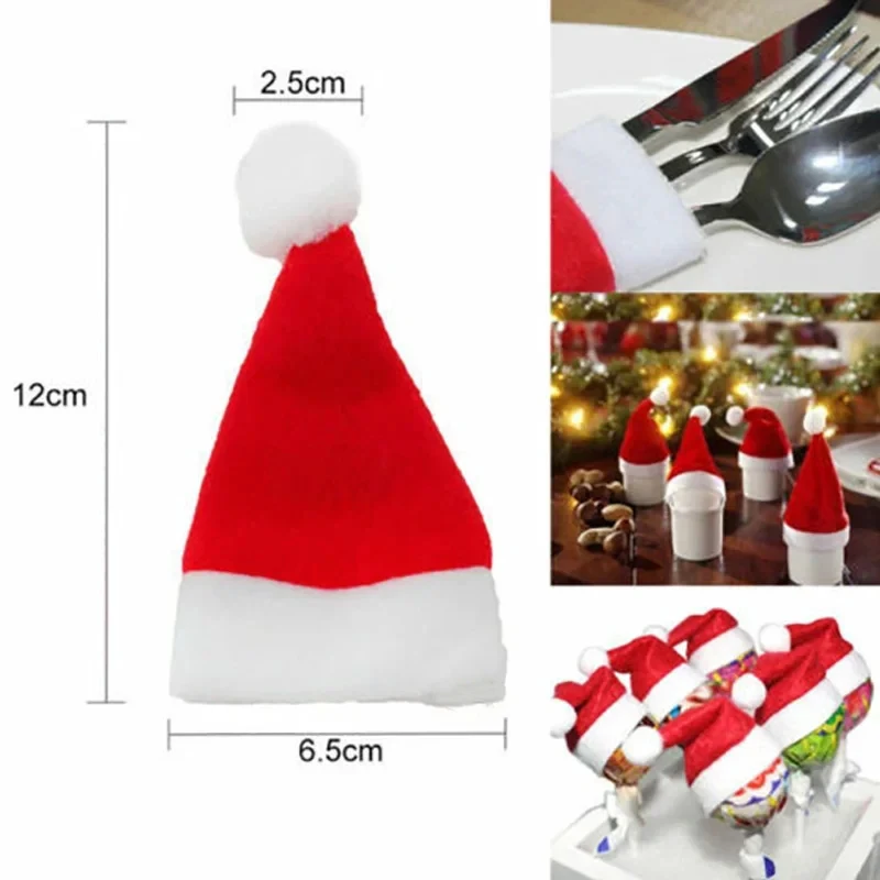 Christmas beanie hat 50PCS Christmas hat For fork knife tableware decorations Plush mini Santa hat family party New Year gifts Xmas small red cap