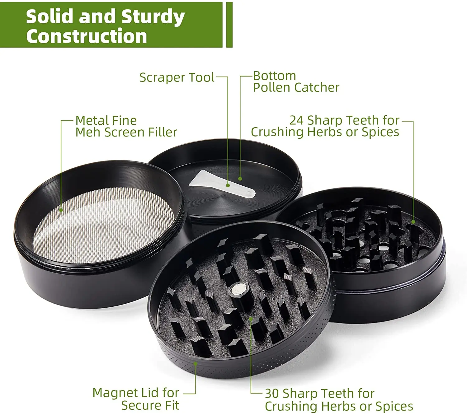 Herb Grinder, 4-piece Zinc Alloy Manual Grinder Sharp Teeth Preparing