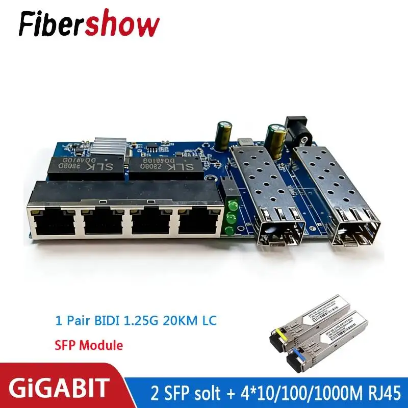 Gigabit Ethernet switch Fiber Optical Media Converter 4 RJ45 2 SFP 10/100/1000M UTP fiber Port Board PCBA 2F4E