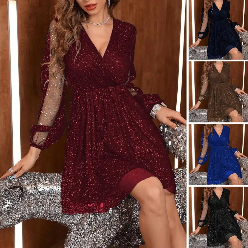 

Women Dress V Neck Shiny Sequin Tight High Waist Three Quarter Sleeves Patchwork A-line Big Swing Pleated Knee Length Party Prom