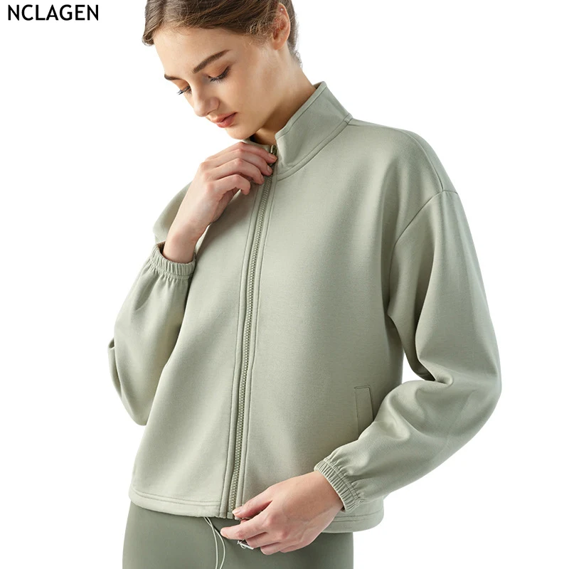 

NCLAGEN Yoga Shirts Coat Women's Autumn/Winter Standing Neck Drawstring Long Sleeve Fitness Workout Breathable Top Elastic