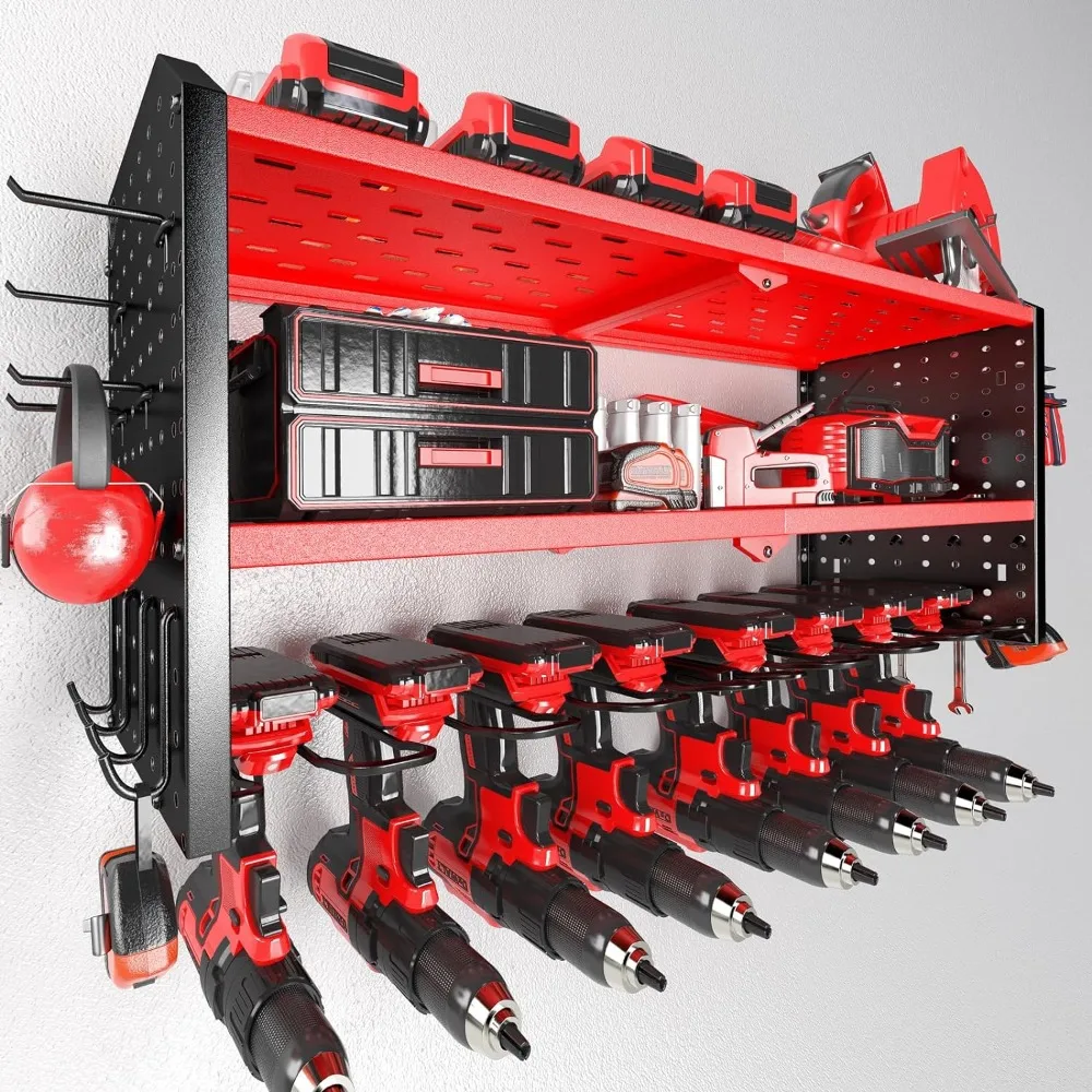 

Power Tool Organizer, Large 8 Drill Holder Wall Mount with 2 Side Pegboards, Heavy Duty Metal Tool Shelf with 12 Hooks