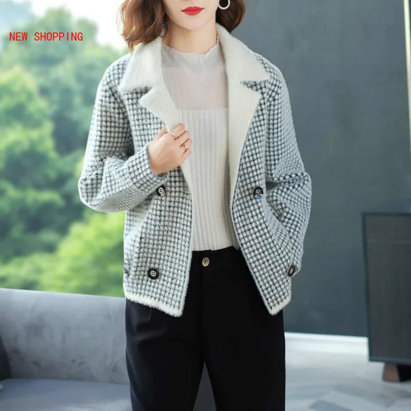 Sweet Lapel Plaid Woolen Jackets Women Fashion Pockets Winter Faux Mink Cashmere Coat Elegant Chic Short Overcoats Streetwear