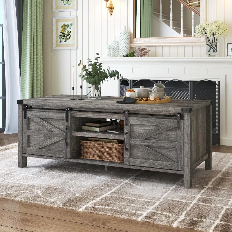 

Farmhouse Coffee Table with Sliding Barn Doors&Storage,Grey Rustic Wooden Center Rectangular Tables w Adjustable Cabinet Shelves