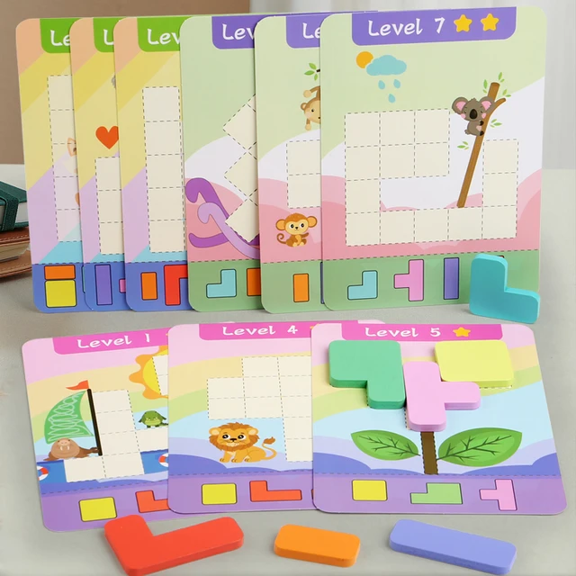Wooden Educational Puzzle Toy, Wooden 7 Colored Building Blocks & 9 Double-sided Challenge Cards, Exercise Thinking Ability Game 1