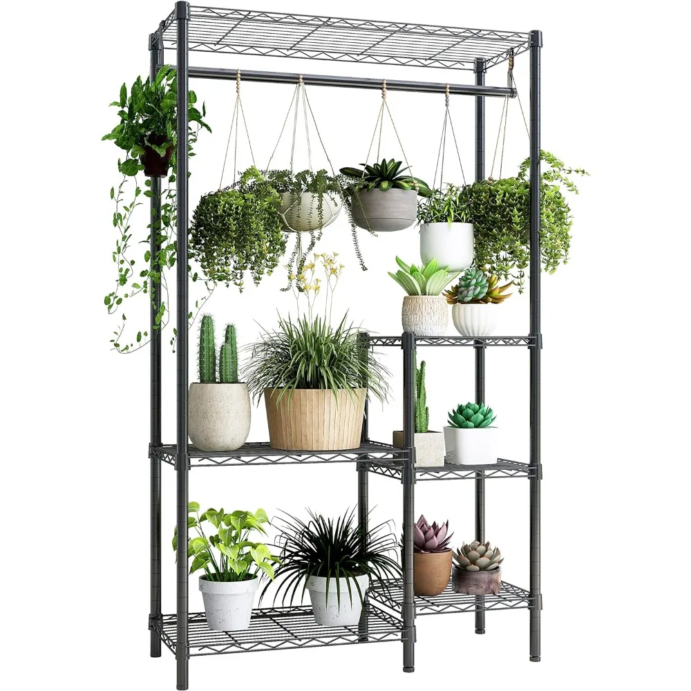 

6 Tier 16 [Pot]s [Flower] [Pot]s Holder Storage [Shelf] [Flower] Stands With Hanger Rod for Living Room Balcony and Garden Black