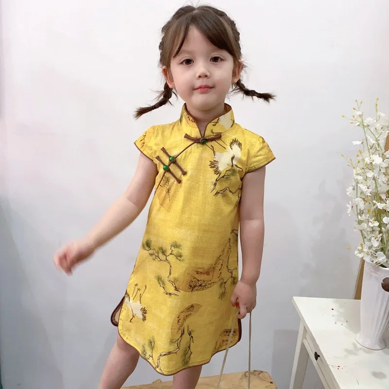 

Yellow Chinese Cheongsam For Girls Princess Dress Birthday Gift Short Sleeve Chinese Style Clothing Summer Nudo Chino
