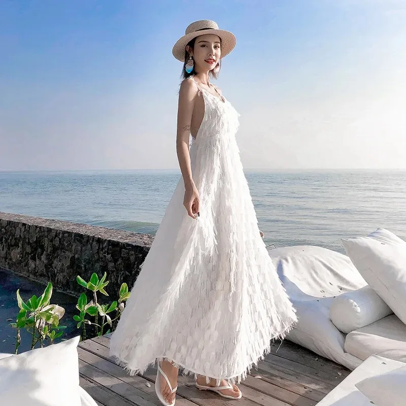 

Summer Women Fringed Dress Sexy Elegant Backless Sleeveless Female New Fashion Solid Hanging Neck Casual Club Night Party Dress