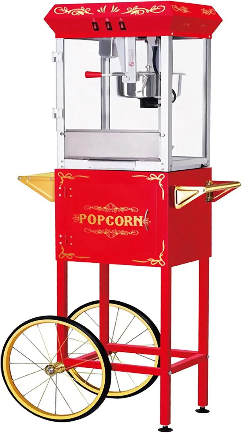 Popcorn Machine with Cart 8oz Popper with Stainless-Steel Kettle, Warming Light