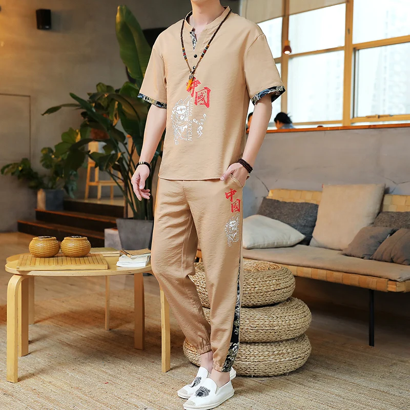 

Linen splice Printing Hanfu Sets Chinese Style Male Traditional Tang Suit Kung Fu Taichi Top T-shirt Pants Summer Men Cotton Set