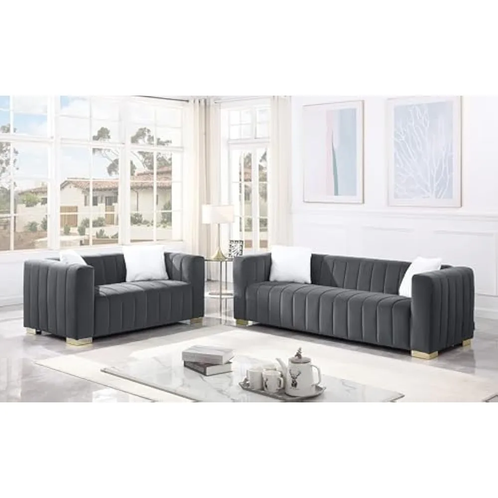 Modern Sofa Couch 2 Set for Living Room, Velvet Chesterfield 2-Pcs Upholstered Sofa Couch for Apartment Bedroom Office, Strong