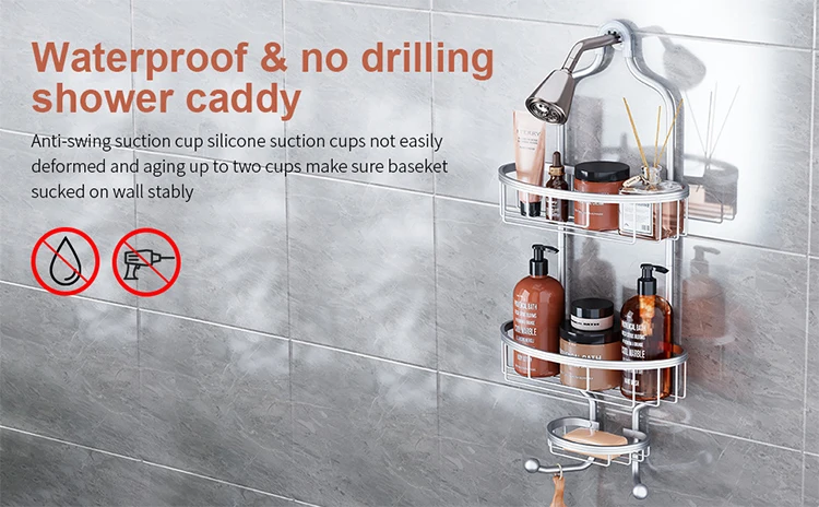 Description Picture 3 of itemShower Room Shelf With Hooks Bathroom Accessories Shower Caddy Hanging Rack Aluminum Wall Basket Shampoo Towel Storage Organizer