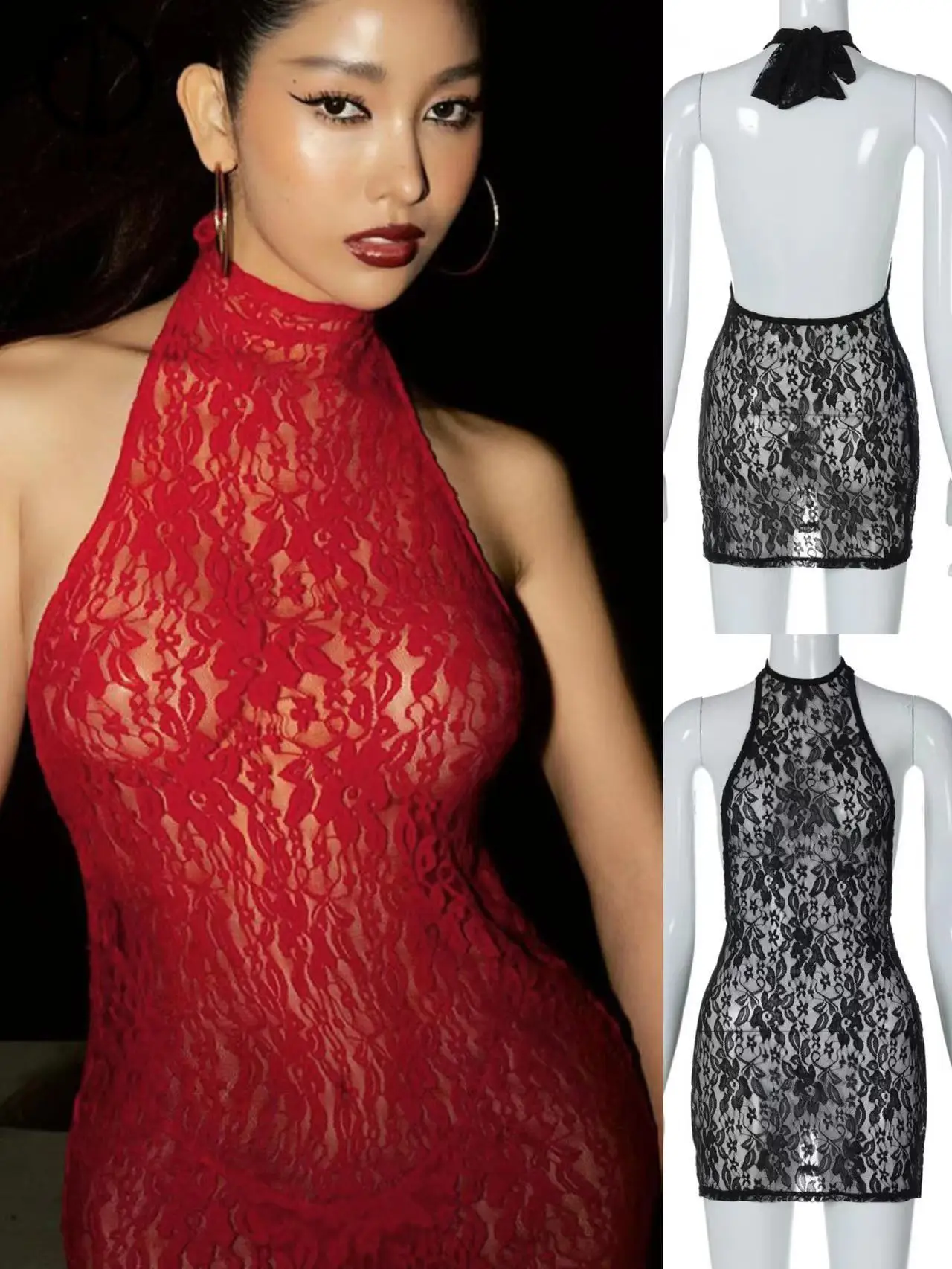 

Women Sexy Red Mini Dresses Floral Lace Mesh See Through Dress Y2k Club Outfits Black Elegant Halter Backless Vestidos Coquette