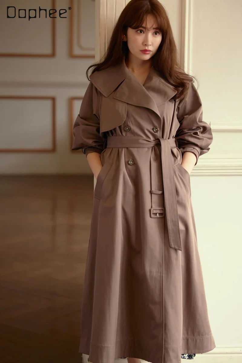 Elegant Polo Collar Double Breasted Belt Trench Coat for Women 2023 Autumn and Winter New Khaki Long Sleeve Lace Up Long Coats