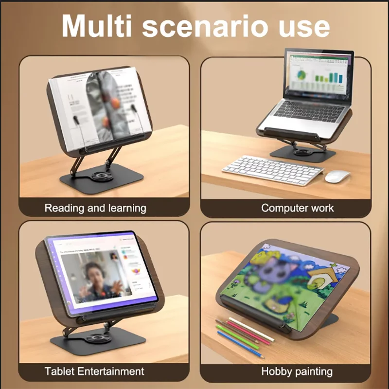 Reading Books Holder Desktop Book Laptop Stand with 360° Rotating Base Wooden Panel & Page Clips Foldable and Angle for Textbook 4