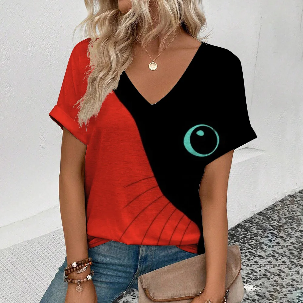 

T-Shirt Retro Popular Short Sleeve T-Shirt Summer Leisure T-ShirtElegant Women's V-neck T-Shirt Fashion Cats Pattern Print