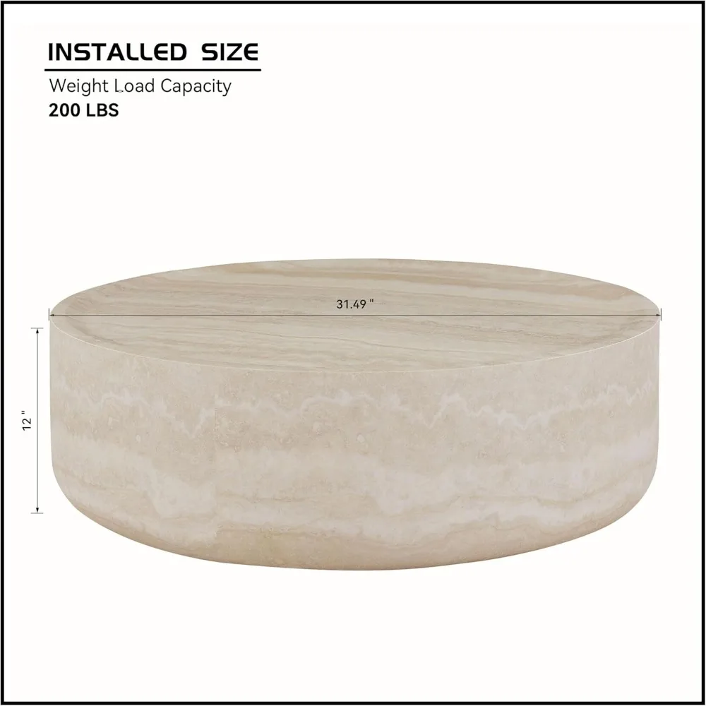 Modern Round Faux Travertine Coffee Table - Textured Fiberglass Center & Side Table for Living Room & Office 2