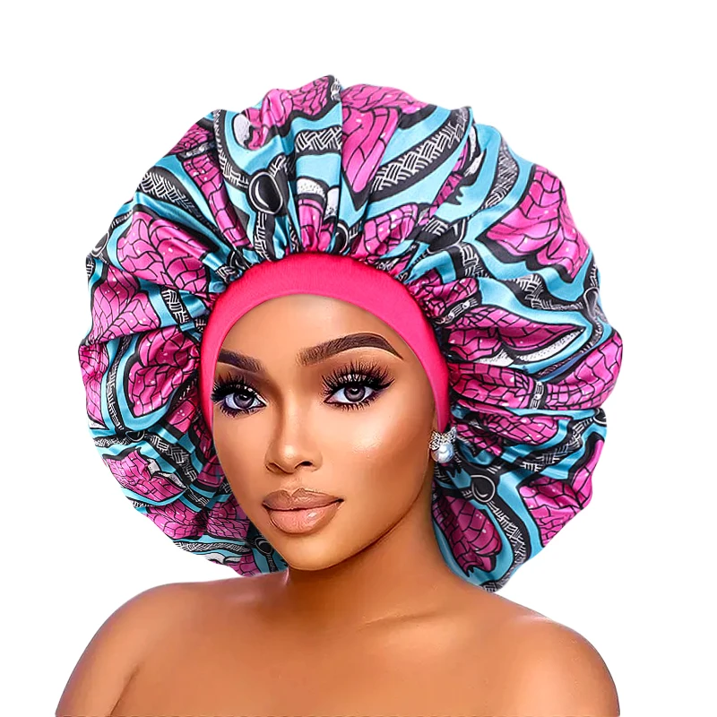 

Elastic Band Women Large Size Head Wrap African Pattern Print Bonnet Satin Shower Cap Sleep Cap Fashion Beauty And Hair Care Hat