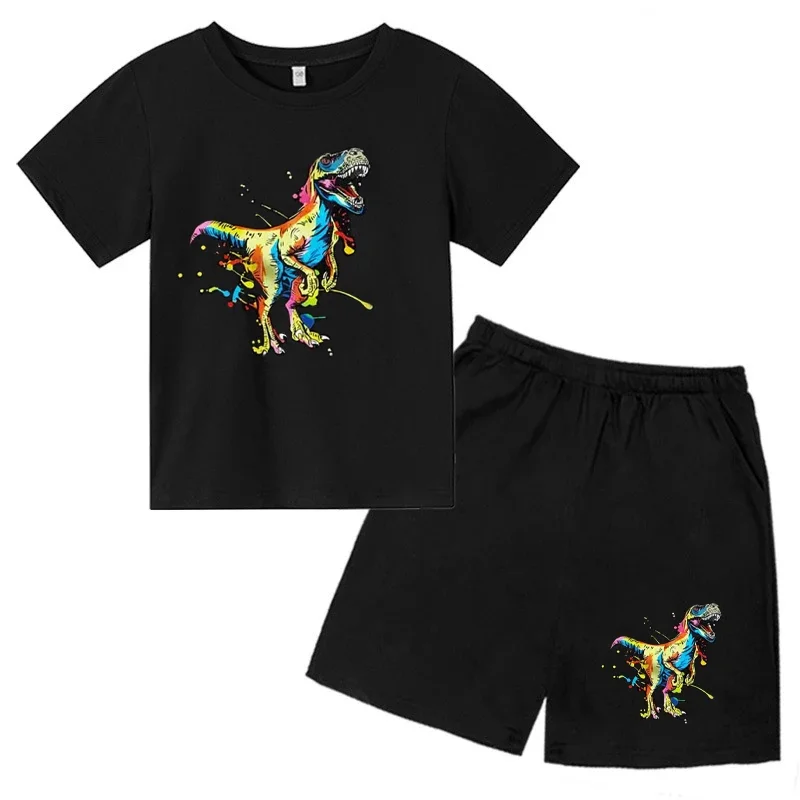 thumbnail image 1 of 2024 Nuevo traje de camiseta con estampado de grafiti para niños, diseño de dinosaurio, camiseta estampada + pantalones cortos, 2 piezas, conjunto de moda para niños y niñas, 1 of 4