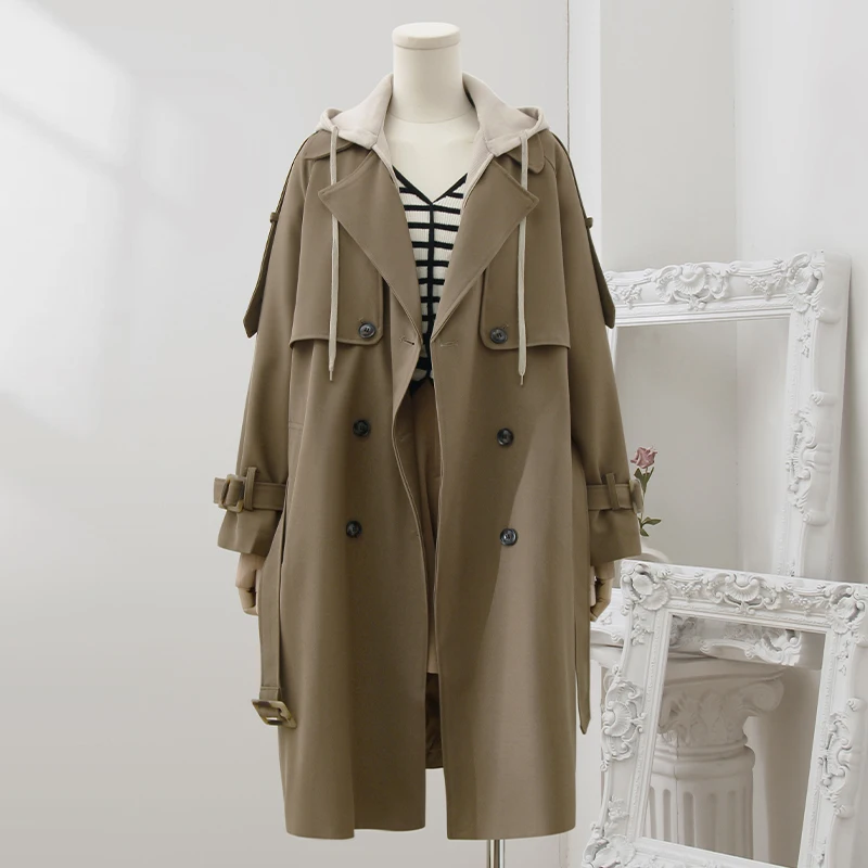 

VANOVICH Temperament Contrast Color Patchwork Hooded Trench Women's Autumn New Fashion Elegant Casual Loose Double Breasted Coat