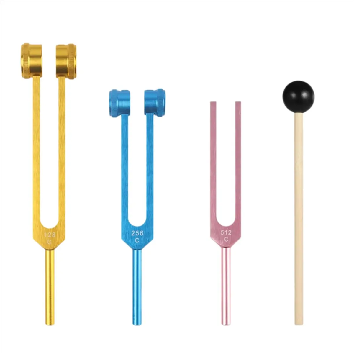 A50U 3피스 튜닝 포크 세트(128Hz, 256Hz, 512Hz), 차크라 치유, 사운드 테라피, 스트레스 해소용 해머가 포함된 알루미늄 포크