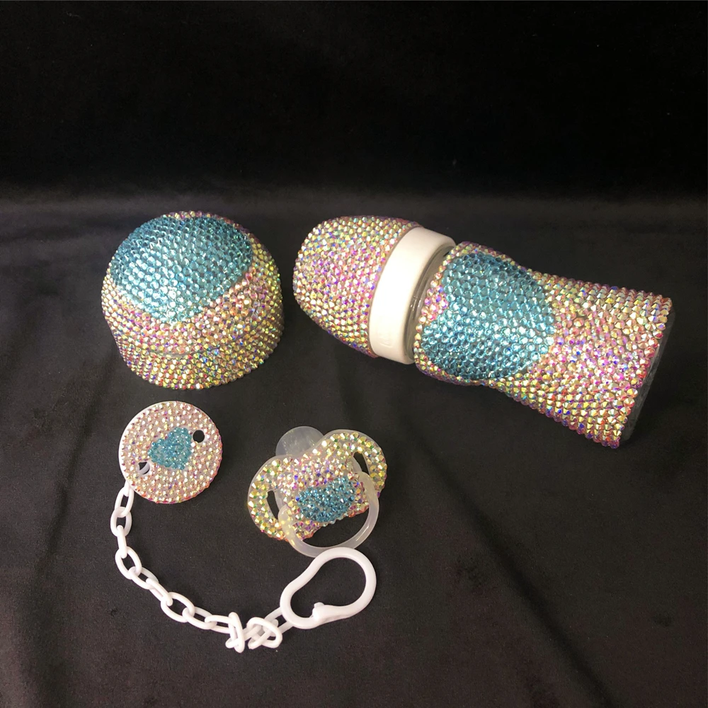 Handmade Crystal Gold Baby Bottle and Pacifier Clips Set 0-6m Infant Girl Newborn Angle Wing Crown Nursery Decoration