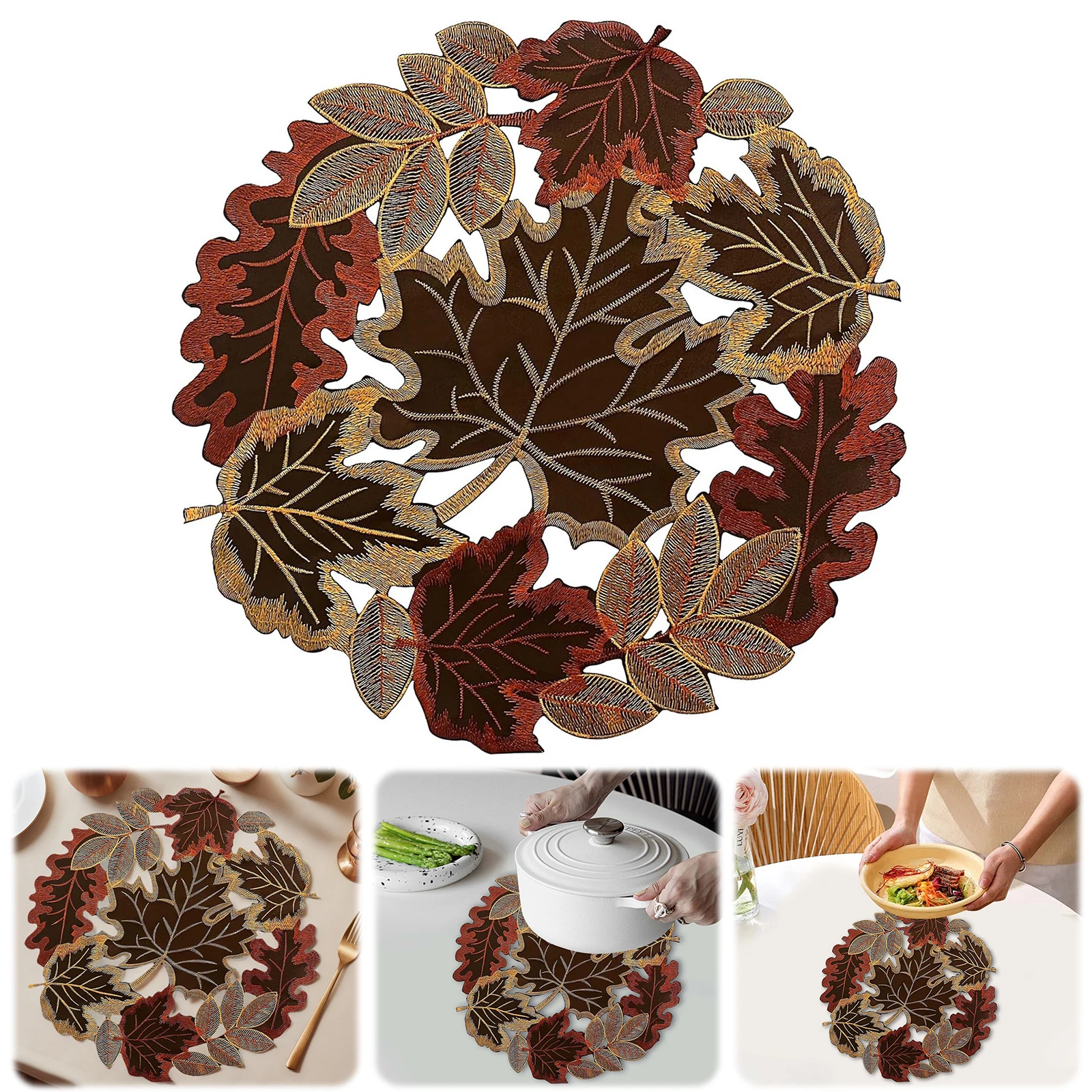 Maple Leaf Pattern Table Mat W/ Lace Autumn Maple Leaf Hollow Embroidery Table Runner for Home Party Kitchen Dining Decor