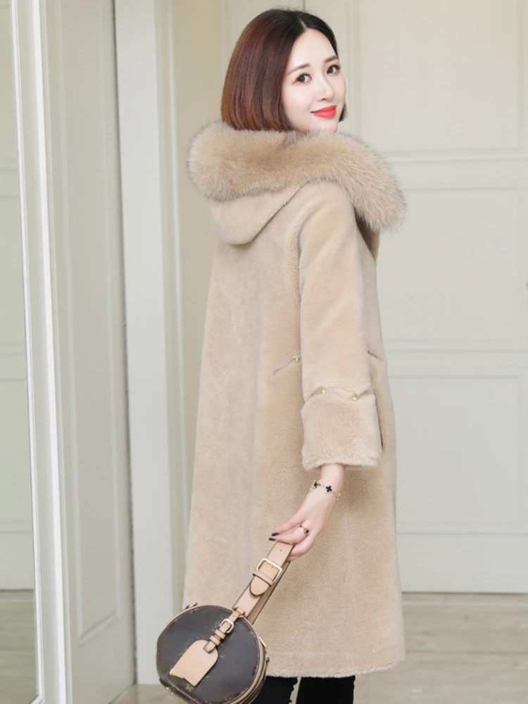 

Женское длинное пальто с капюшоном, уличная теплая вязаная куртка с воротником из натурального Лисьего меха, зимний сезон