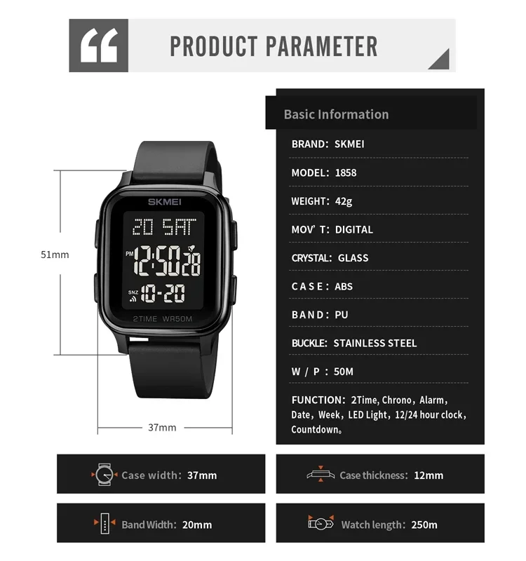 SKMEI 1858 Mens 5Bar Waterproof Calendar Countdown Electronic Wristwatches Clock reloj hombre Fashion LED Light Digital Watch 6