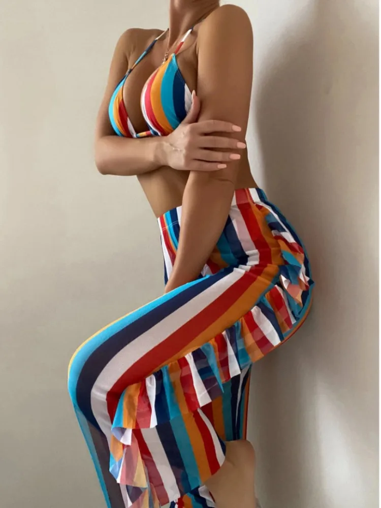 3 Pieces Striped Triangle Bikini Set Swimsuit & Ruffle Pants High Waisted Swimwear Women 2024 Bathing Suit Swim Summer Beachwear