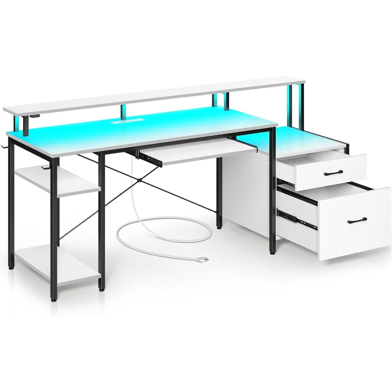 

Rolanstar Computer Desk 65" with File Drawer, Gaming Desk with LED Light & Power Outlets, Home Office Desk with File Cabinet & S