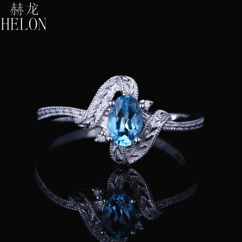 

HELON Solid 14K 10K White Gold Flawless Oval Cut 4X6mm Genuine Blue Topaz Diamond Women Vintage Fine Jewelry Engagement Ring