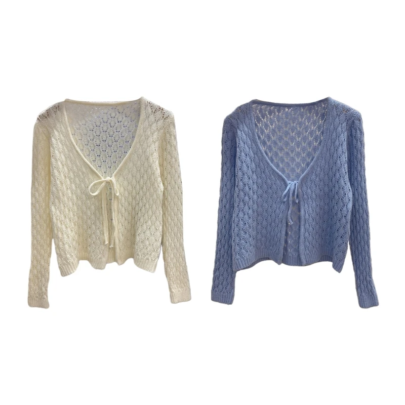 

All-match Knitted Cardigan Tops Hollow Long Sleeve Tie Front Shirt Young Girls