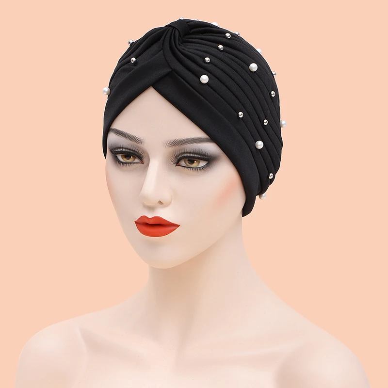 African Headwrap Ladies Head Wraps India Hat Hijabs Cap Women Beaded Turban Bonnet Soild Color Cotton Turban Hat Inner Hijab Cap