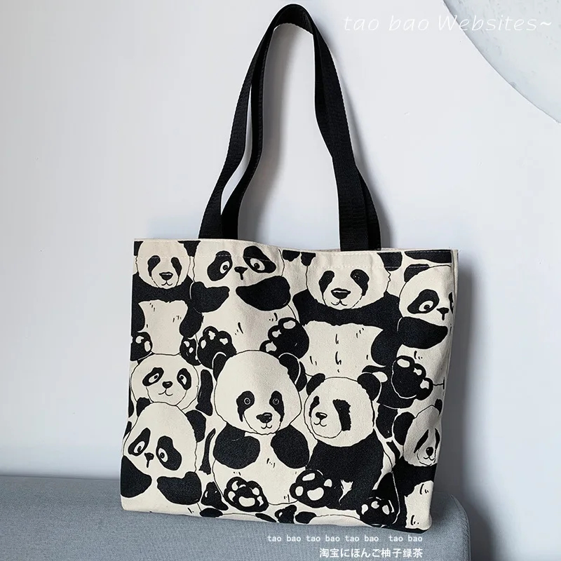 Cute Panda Canvas Bag Women's Shoulder Chinese Style Large Capacity Zipper Canvas Bag Handheld Shopping Double sided Print