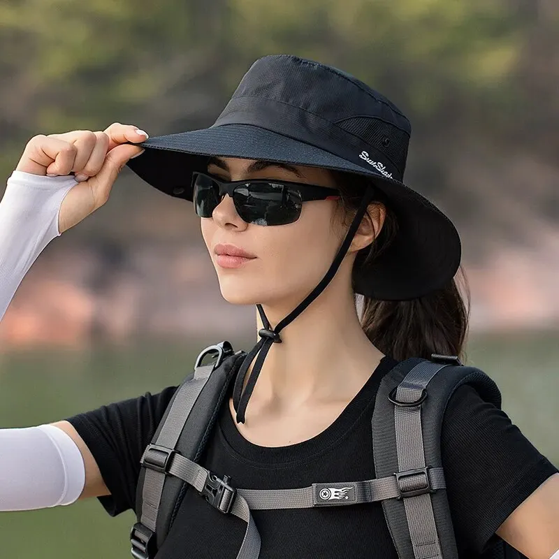 Xinbaoguan 100% 폴리에스터 여름 야외 태양 모자, 통기성 태양 모자, 접이식 태양 모자, 여성 포니테일 구멍 어부 모자
