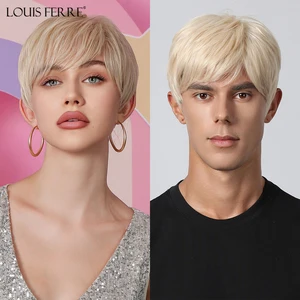 LOUIS FERRE Short Pixie Cut Blonde Wigs for Men/Women Natural Fluffy Cosplay Costume Synthetic Male/Female Wig Hair With Bangs