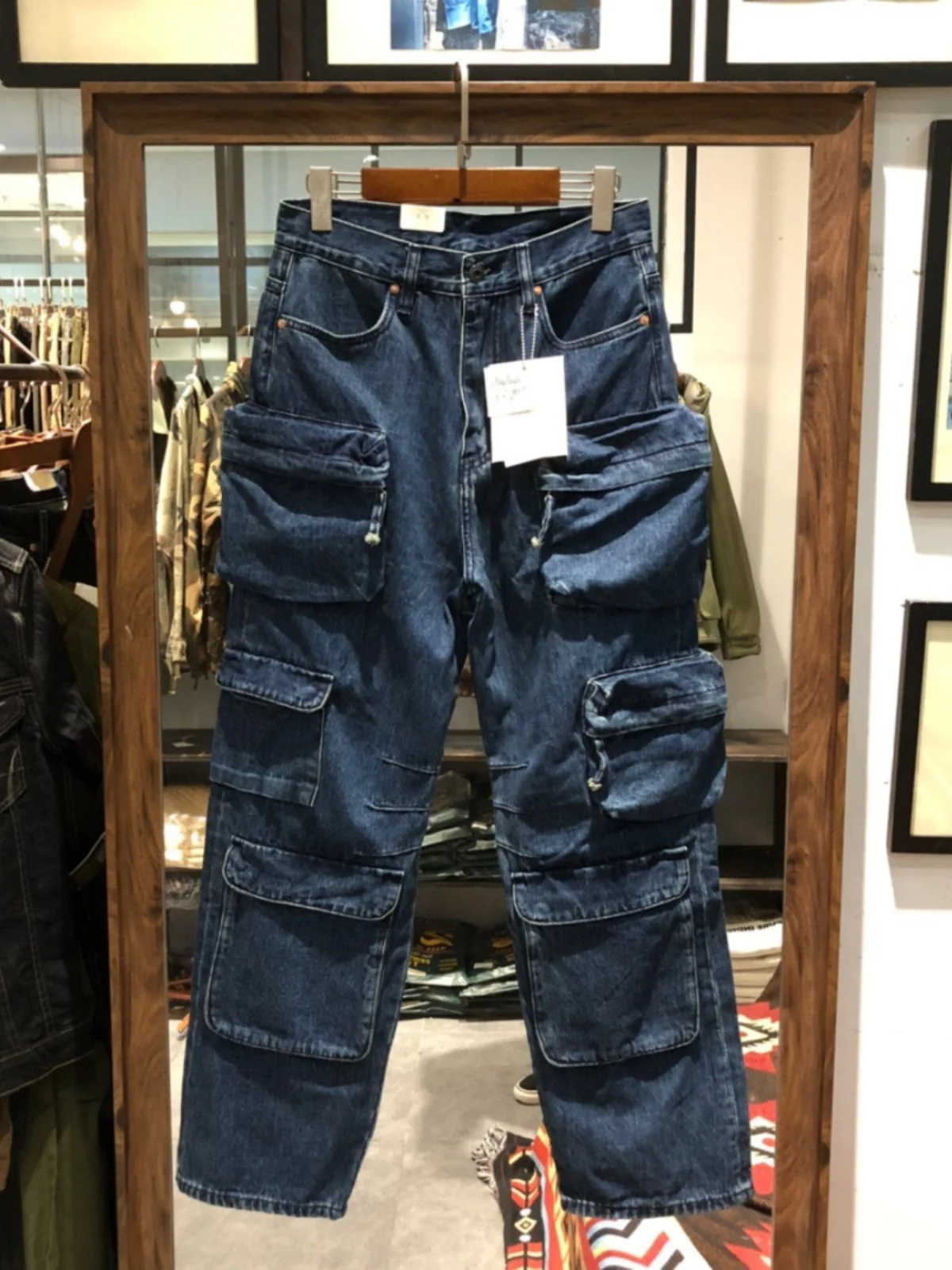 Multi Pockets Heavyweight Cotton Denim Dark Blue Men Pants American Tough Guys Male Overalls Straight Workwear Cargo Trousers 2