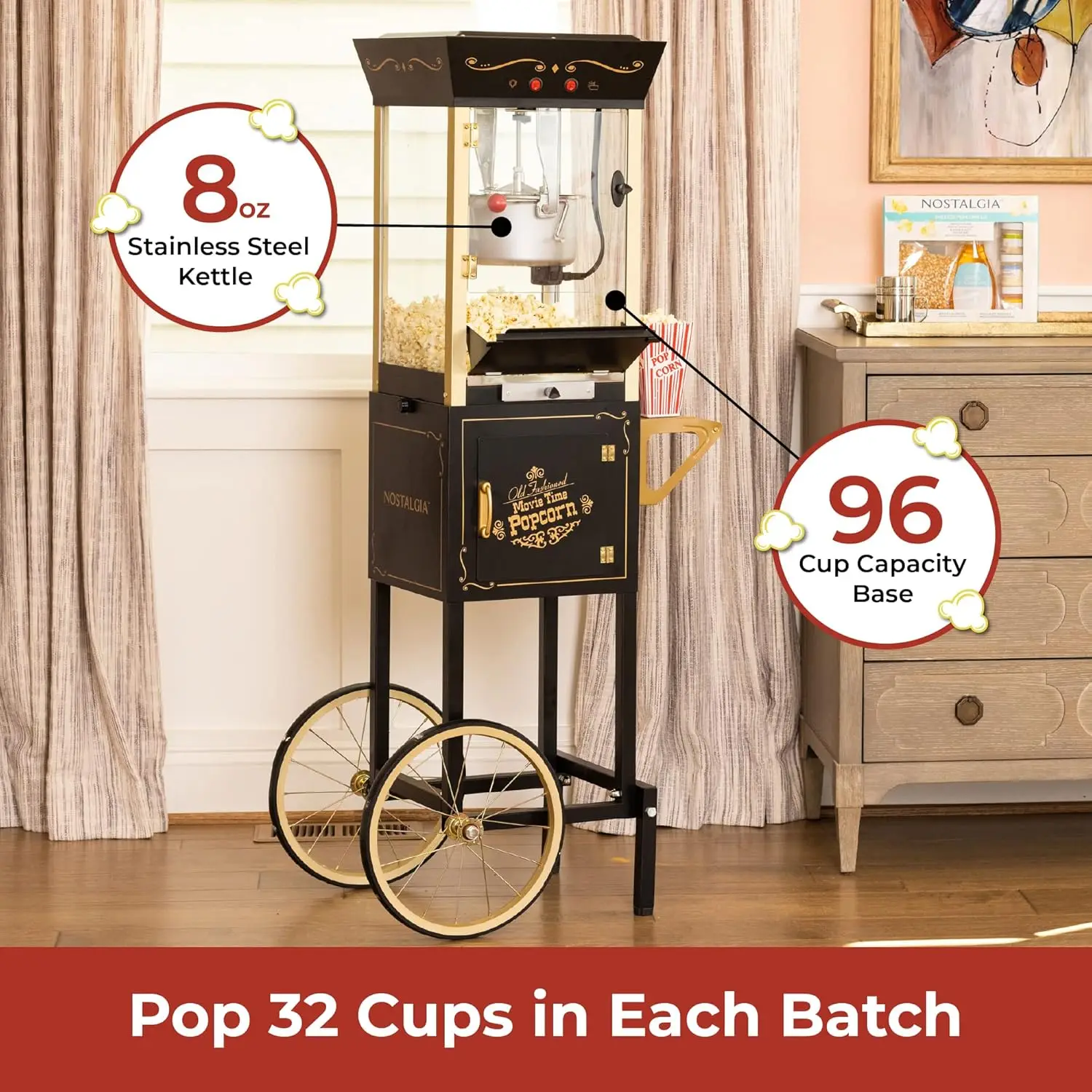 Popcorn Maker Machine Professional Cart With 8 Oz Kettle Makes Up to 32 Cups Vintage Popcorn Machine Movie Theater Style