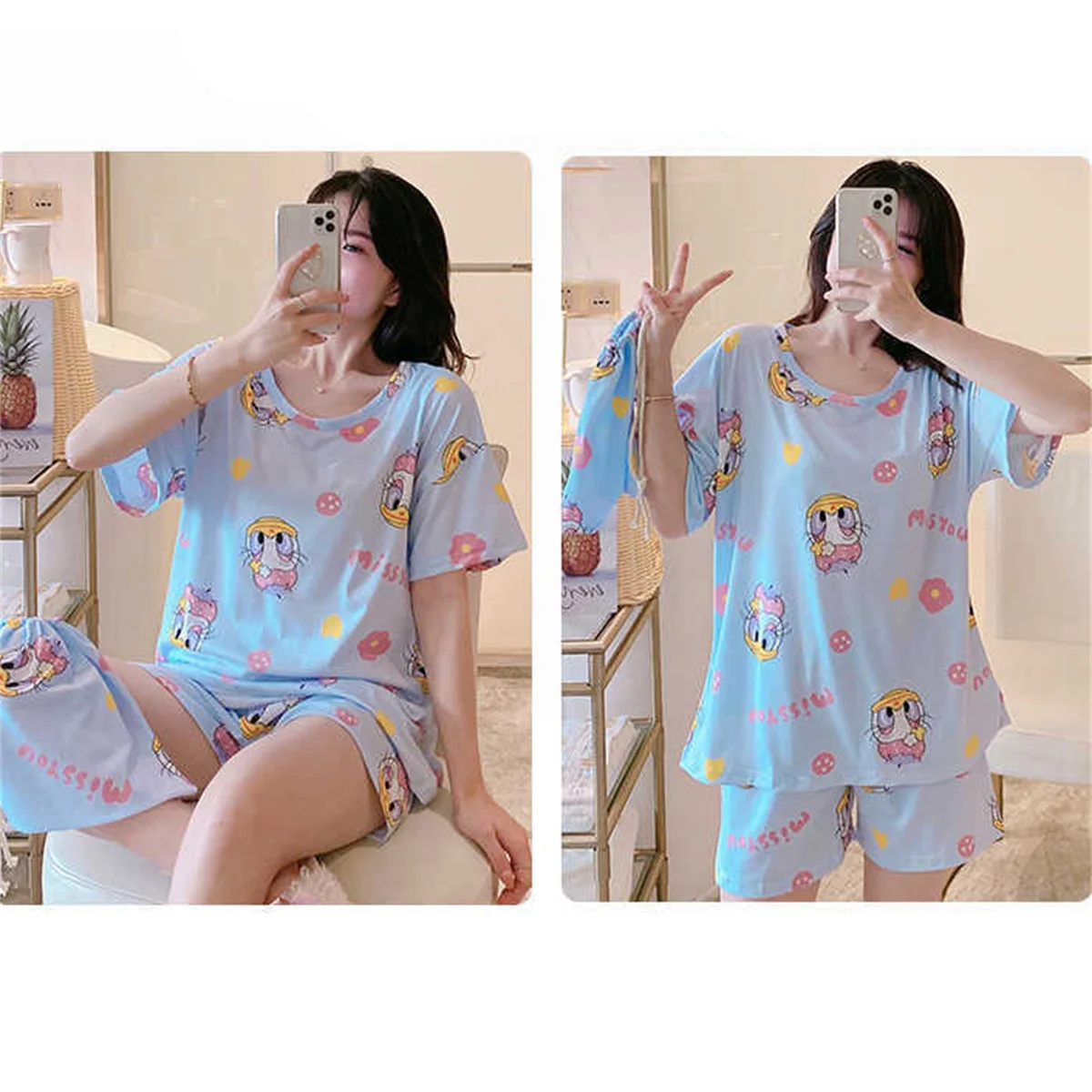 Summer Home Clothes Set hibobi Women Summer Loose Plus Size Sweet And Cute Short-Sleeved Shorts Can Be Worn Outside Korean Style Home Clothes Set