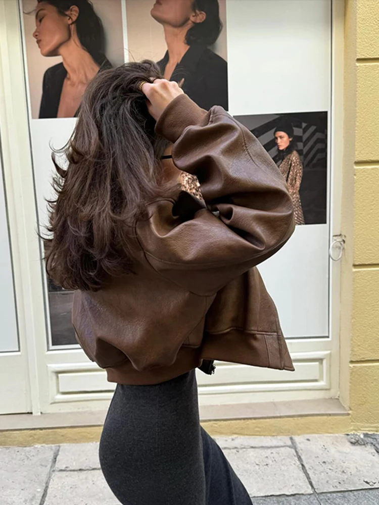 Vintage Imitation Leather Bomber Jacket Women O-neck Zipper Pockets Loose Short Coat 2024 Autumn Lady High Street Outwear 3