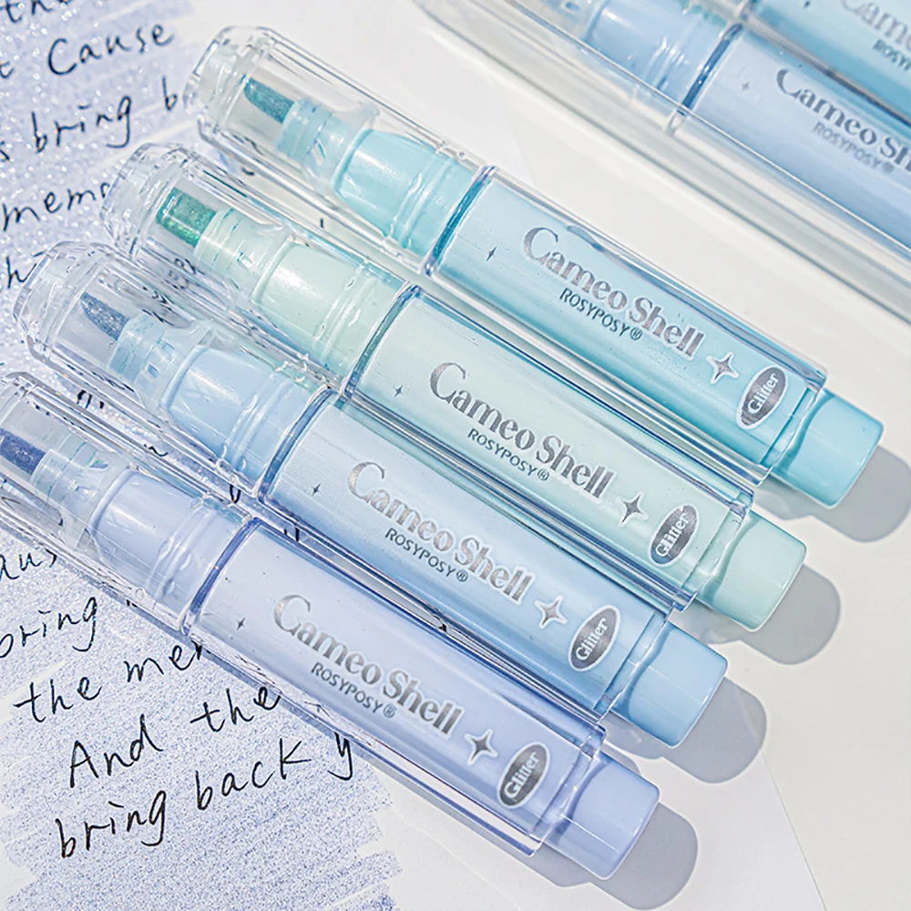 4Pcs Glitter Highlighter Markers - Clear Shiny Sparkle Finish - Cute Cameo Shell Design - Kawaii Stationery for Girls