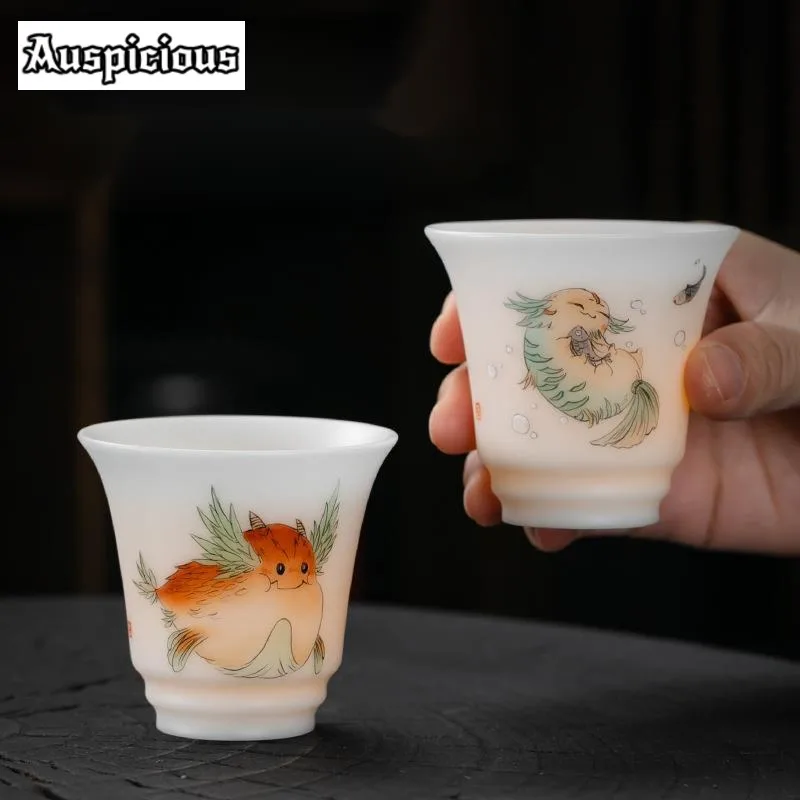 

110ml Handmade Ice Jade Porcelain Teacup Hand Painted Fish Female Master Cup Thin Body Smelling Fragrance Cup Scholar's Teaware