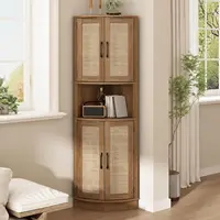 Tall Corner Cabinet, 64.7" Rattan Corner Storage Cabinet with 4 Doors and 5 Storage Shelves, Farmhouse Space Saver, Boho Shelf