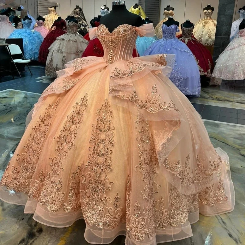Mexican 15 Year Gold Girl Quinceanera Dresses Off Shoulder Lace Applique Big Puffy Skirt Prom Birthday Party Dress 16