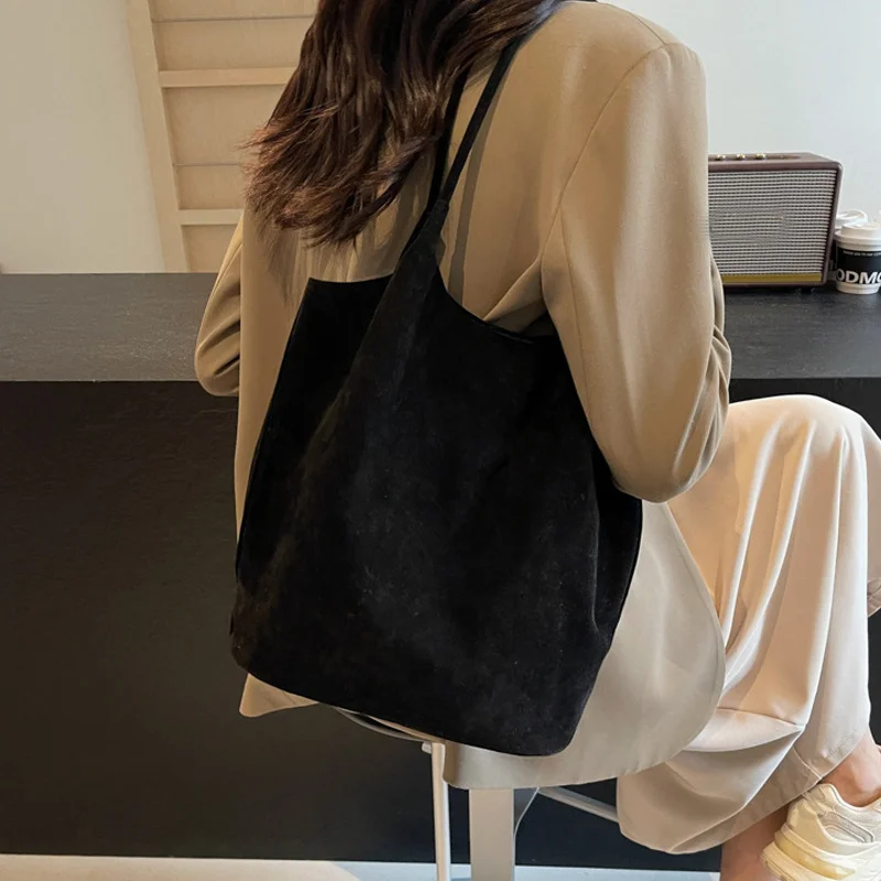 Retro Suede Tote Bag For Women Textured Solid Casual Commuting Shoulder Bags Autumn Winter Large Capacity Shopping Handbags